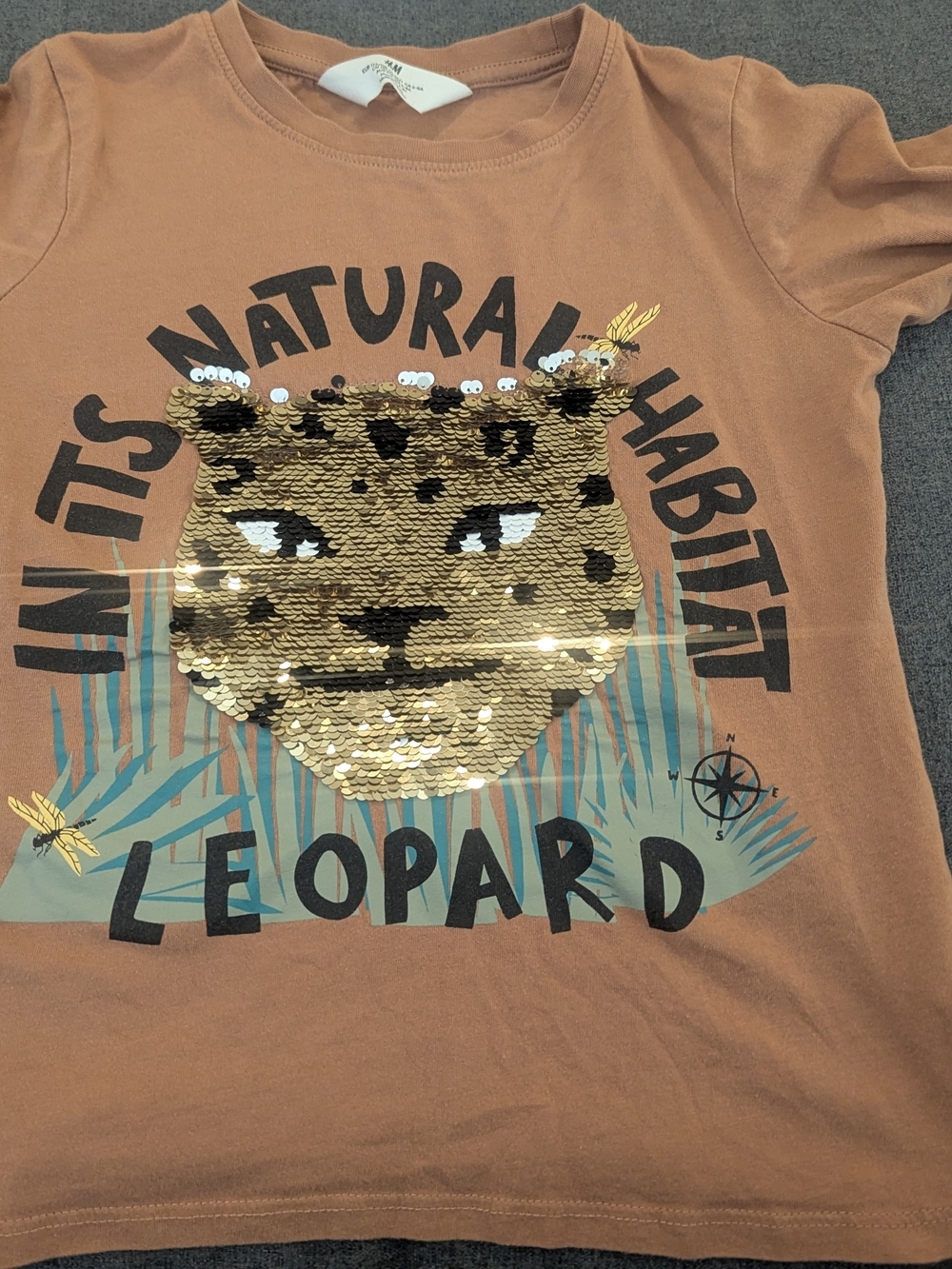 H&M Brown Tee with Gold Sequin Leopard Graphic